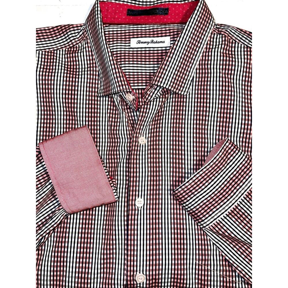 TOMMY BAHAMA PINK NAVY GRAY WHITE LONG SLEEVE SILK COTTON CHECK SHIRT SIZE XXL